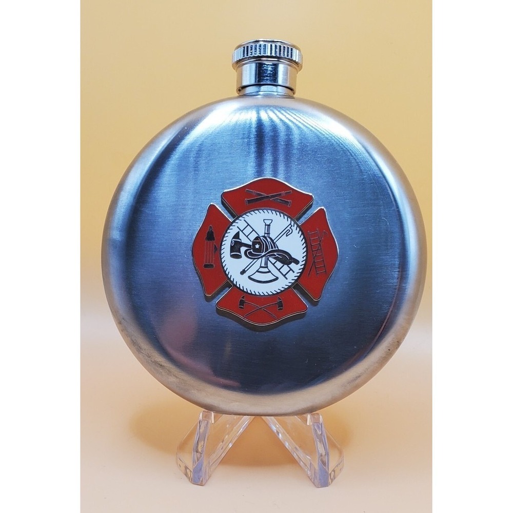 Round Hip Pocket Flask Fire Fighter Medallion 5 Oz. Flask